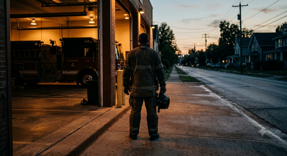 Firefighter in full turnout gear standing at the edge of a fire station bay at golden hour, helmet in hand, facing an empty street — representing the silent mental health crisis among America's first responders.
