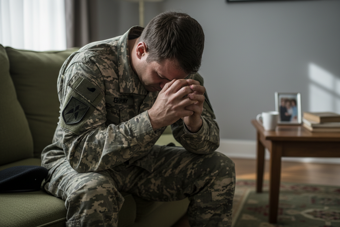 Soldier on a couch with his head down