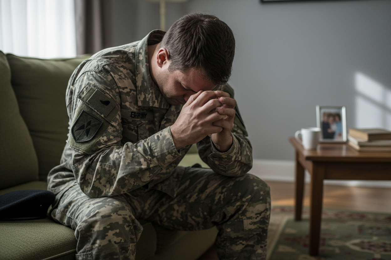 Soldier on a couch with his head down