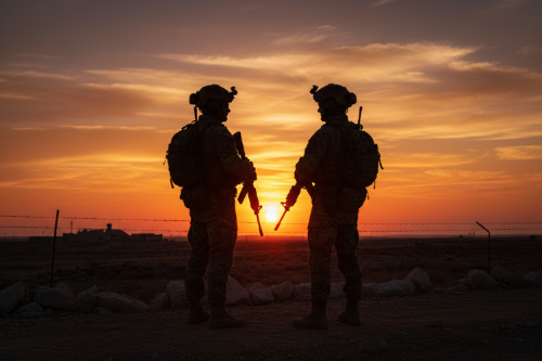 Two Soldiers looking out at the sunset in combat gear. Tactical Pause Apparel