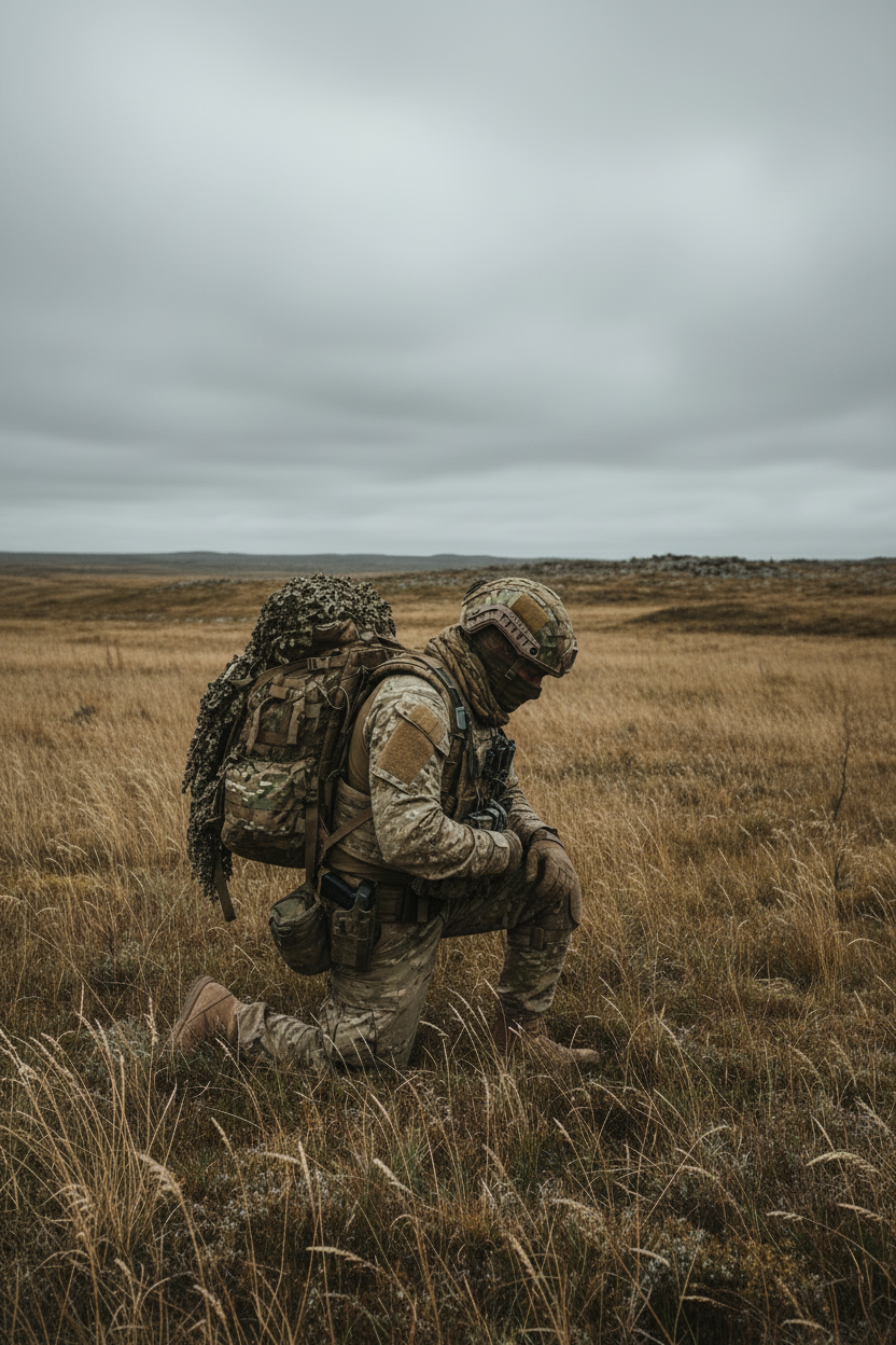 Soldier in full tactical gear kneeling in an open field, head bowed in a moment of stillness — representing the mental weight carried by military personnel and first responders