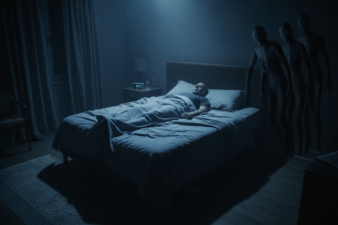 Veteran lying awake in the dark — sleep paralysis and PTSD connection explained by Tactical Pause Apparel