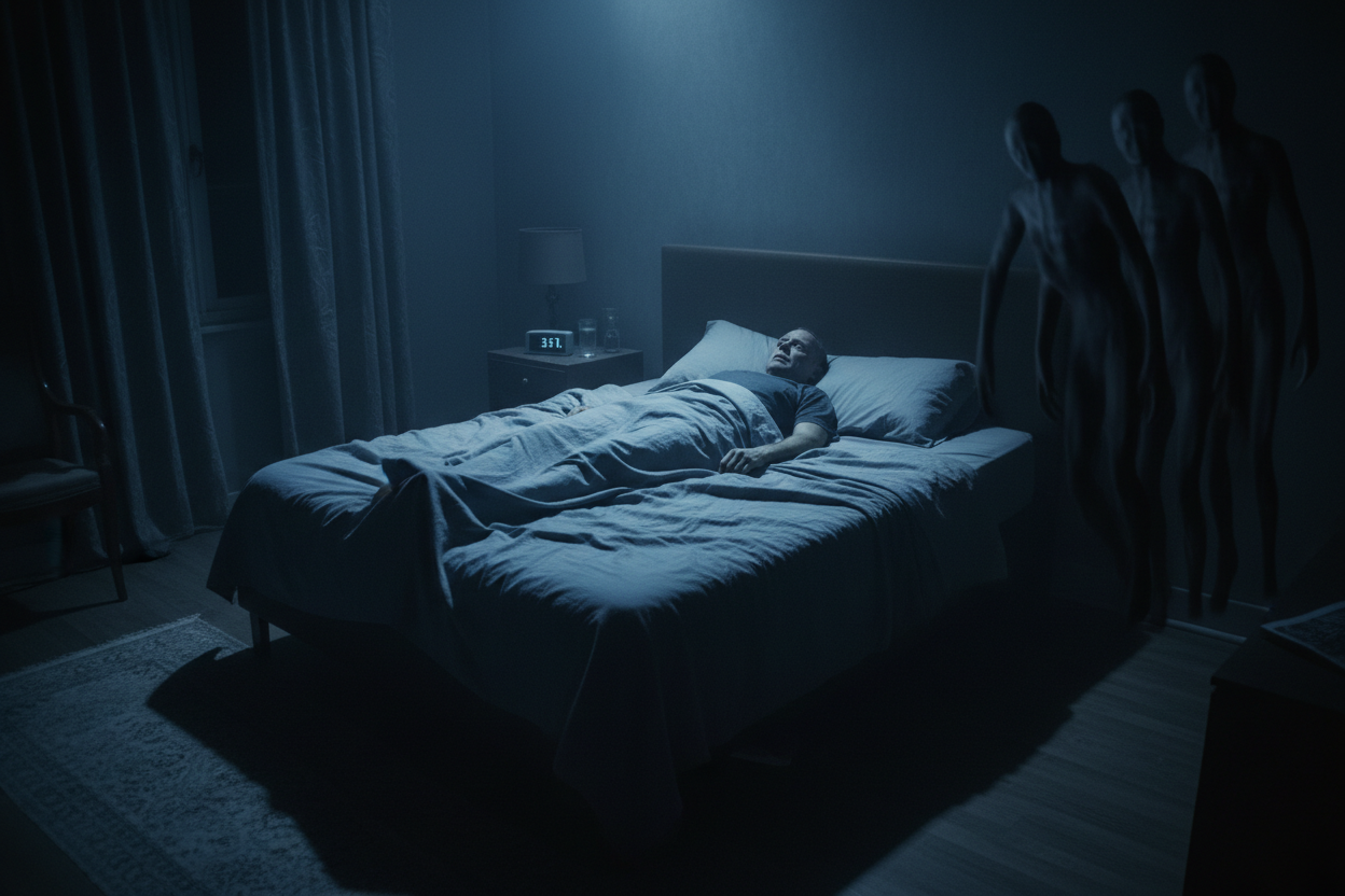 Veteran lying awake in the dark — sleep paralysis and PTSD connection explained by Tactical Pause Apparel