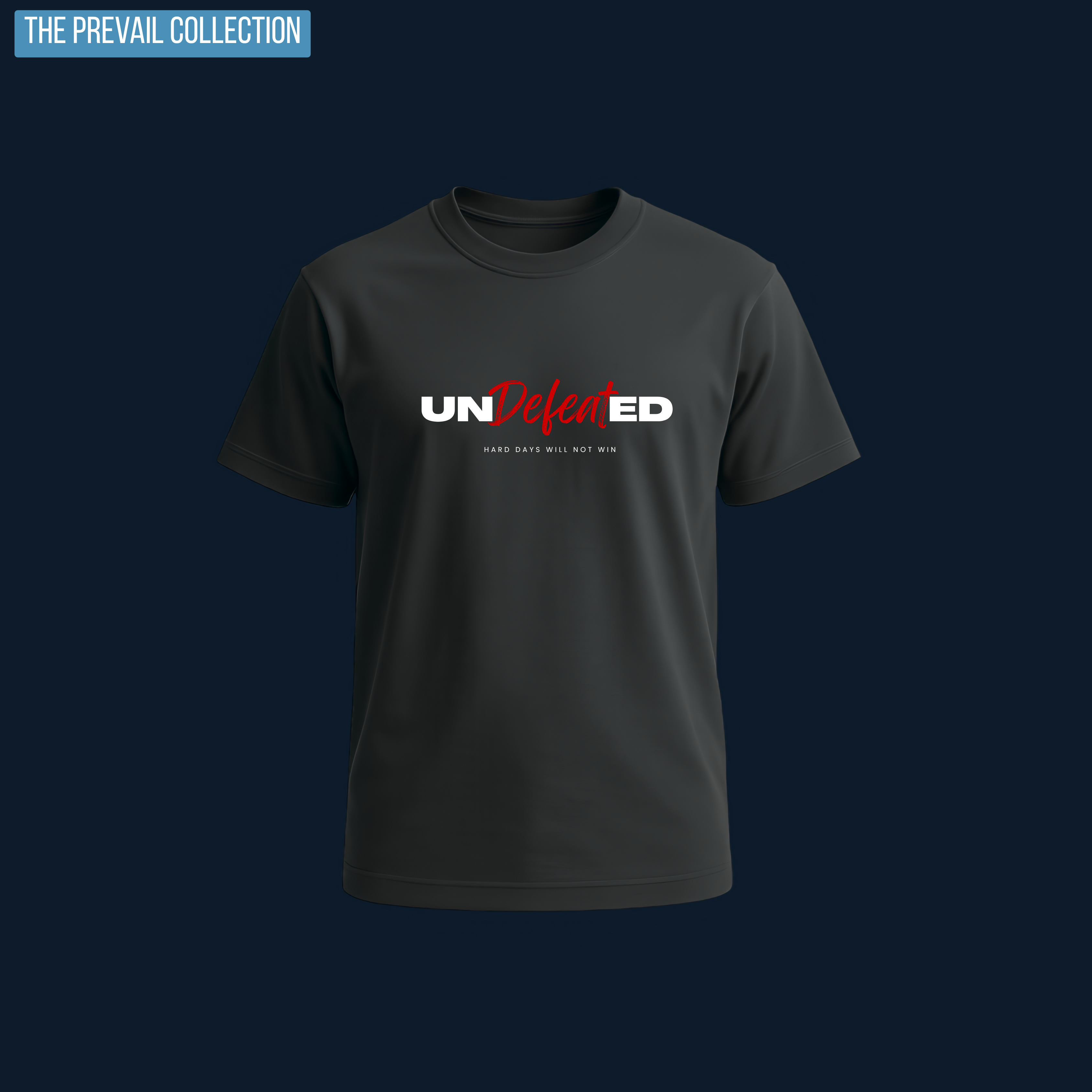 Dark graphic t-shirt witt the text "Pause. Protect. Prevail." and "Undefeated" printed on the front, displayed against a moody dark background — Tactical Pause Apparel