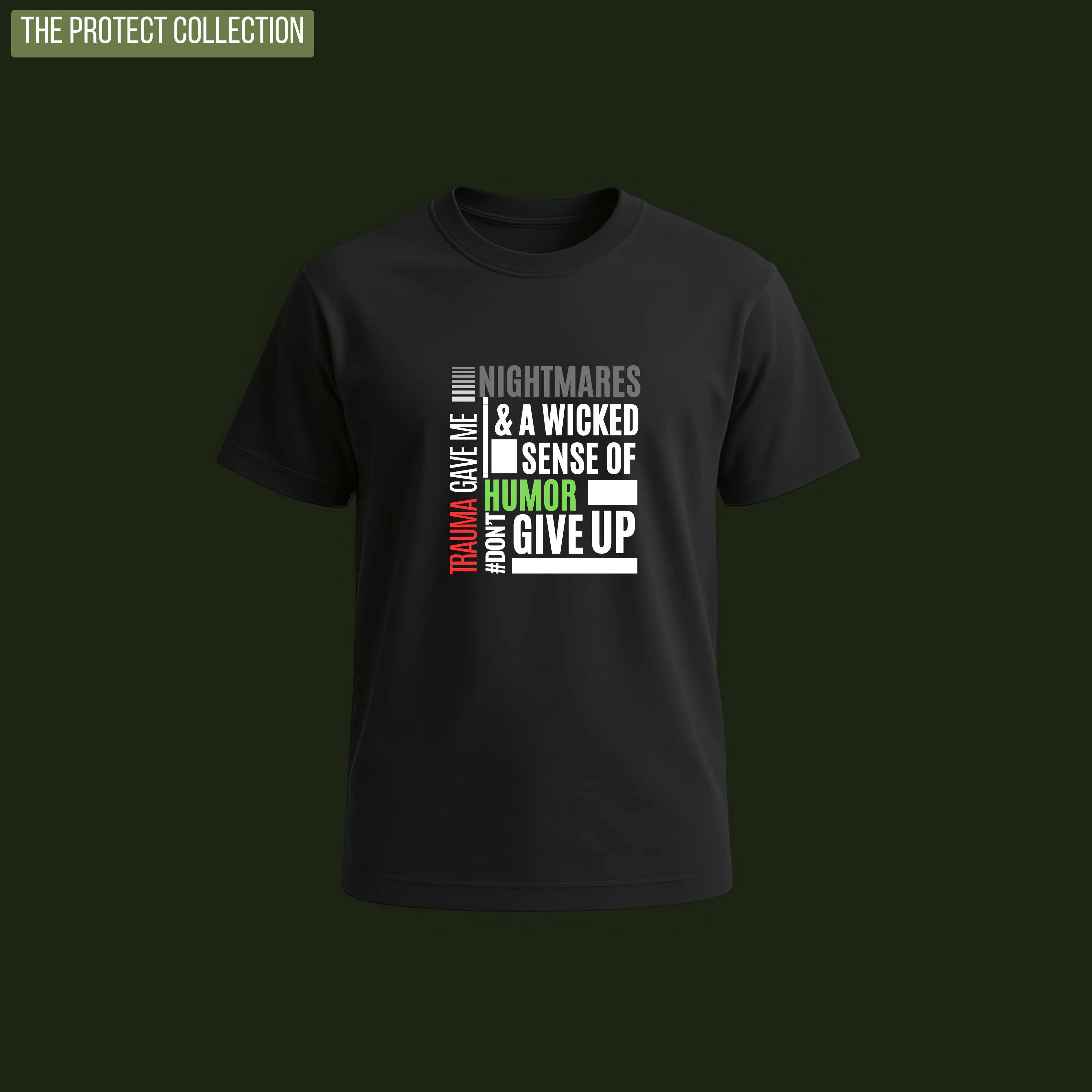 Navy blue graphic t-shirt with "Pause. Protect. Prevail." and motivational text, featured as the collection image for The PROTECT Collection by Tactical Pause Apparel — tactical apparel for guardians, first responders, and veterans