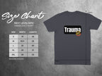Next Level 6210 unisex t-shirt size chart with measurements and "Trauma" graphic.