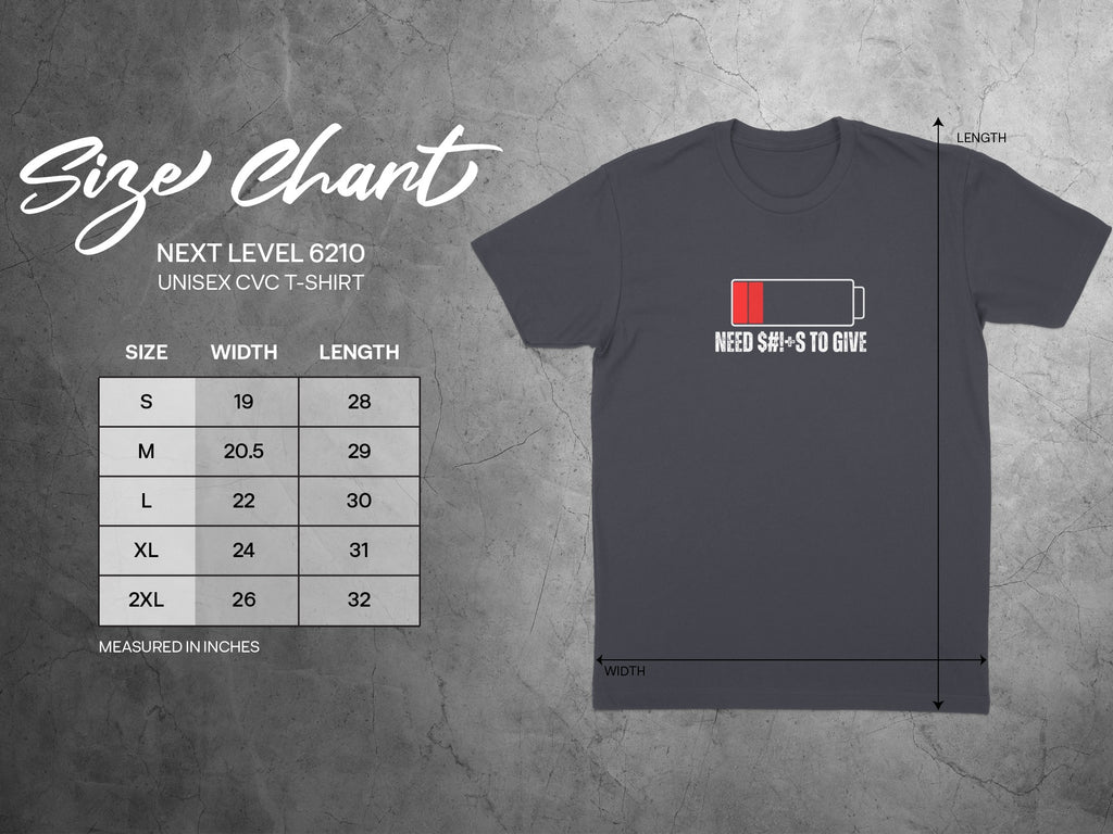 Unisex Next Level 6210 t-shirt size chart with dimensions and graphic.