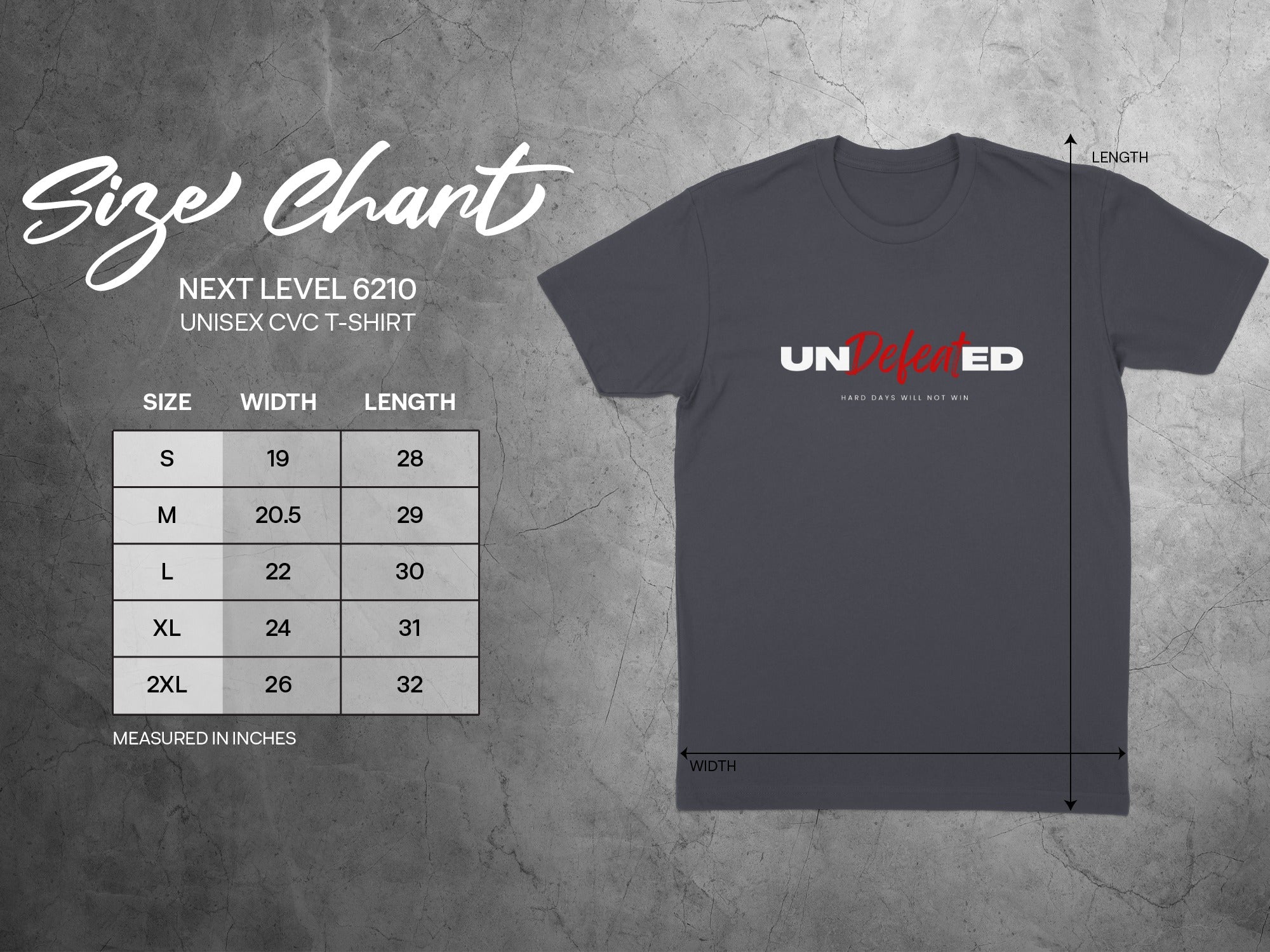 Unisex Next Level 6210 t-shirt size chart with measurements.