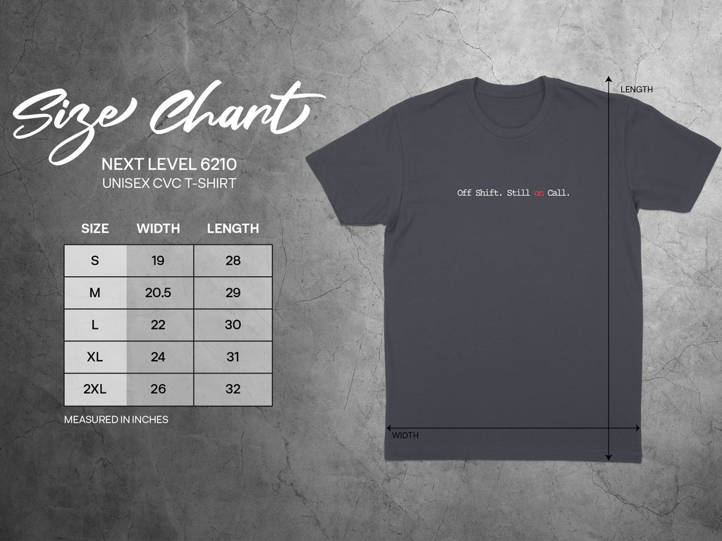 Next Level 6210 unisex t-shirt size chart with measurements and graphic.