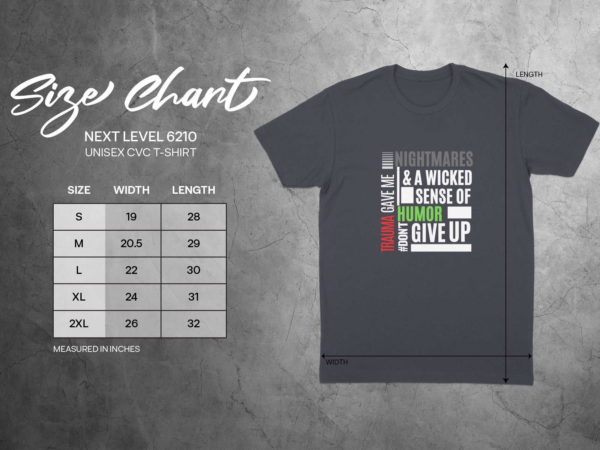 Next Level 6210 unisex t-shirt size chart with graphic.