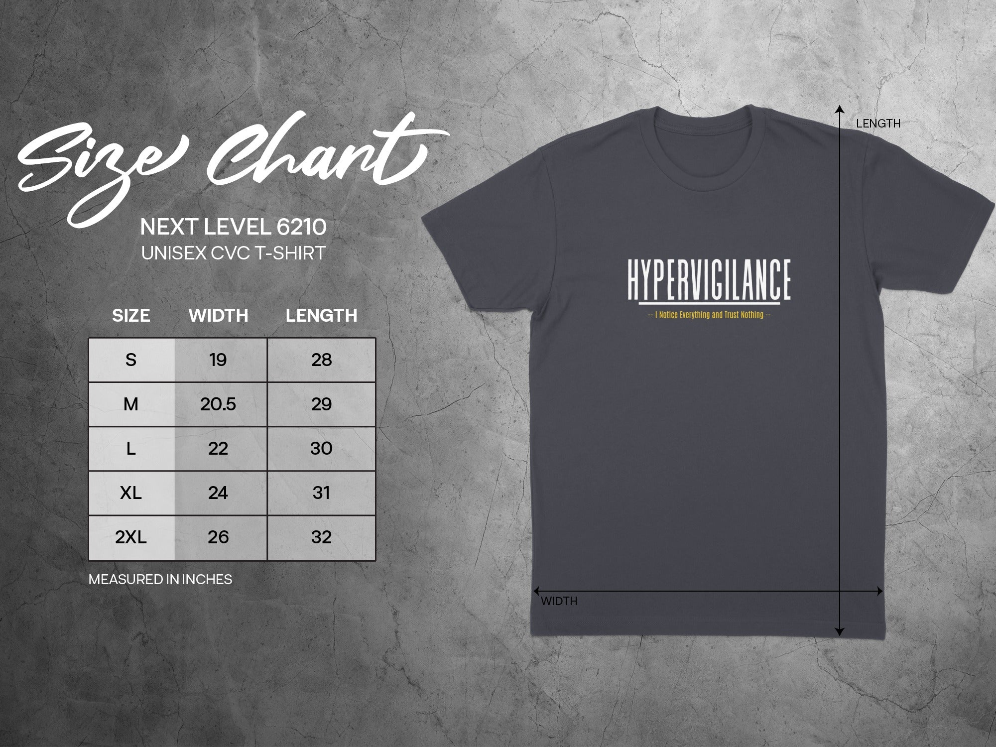 Dark grey t-shirt with "HYPERVIGILANCE" text, next to a size chart.