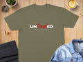 Khaki t-shirt with white and red text "UnDauded I Will Keep Moving Forward".