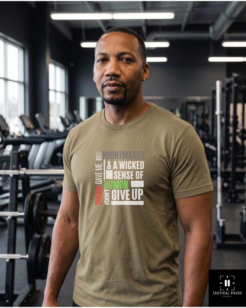 "Veteran wearing Trauma Gave Me Nightmares & A Wicked Sense of Humor graphic t-shirt, gym setting — Tactical Pause Apparel"