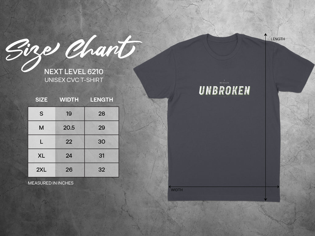 Unisex Next Level 6210 CVC t-shirt size chart with length and width measurements.