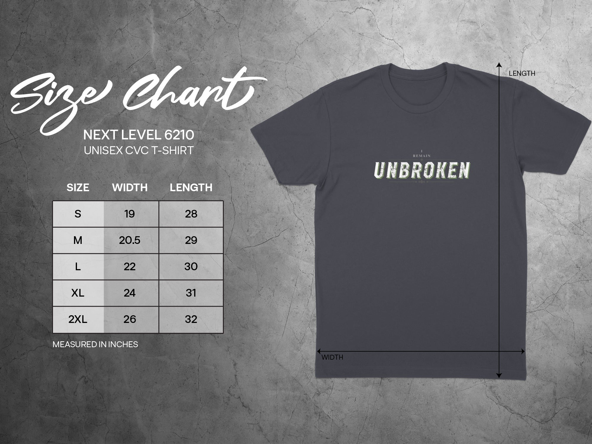 Unisex Next Level 6210 CVC t-shirt size chart with length and width measurements.