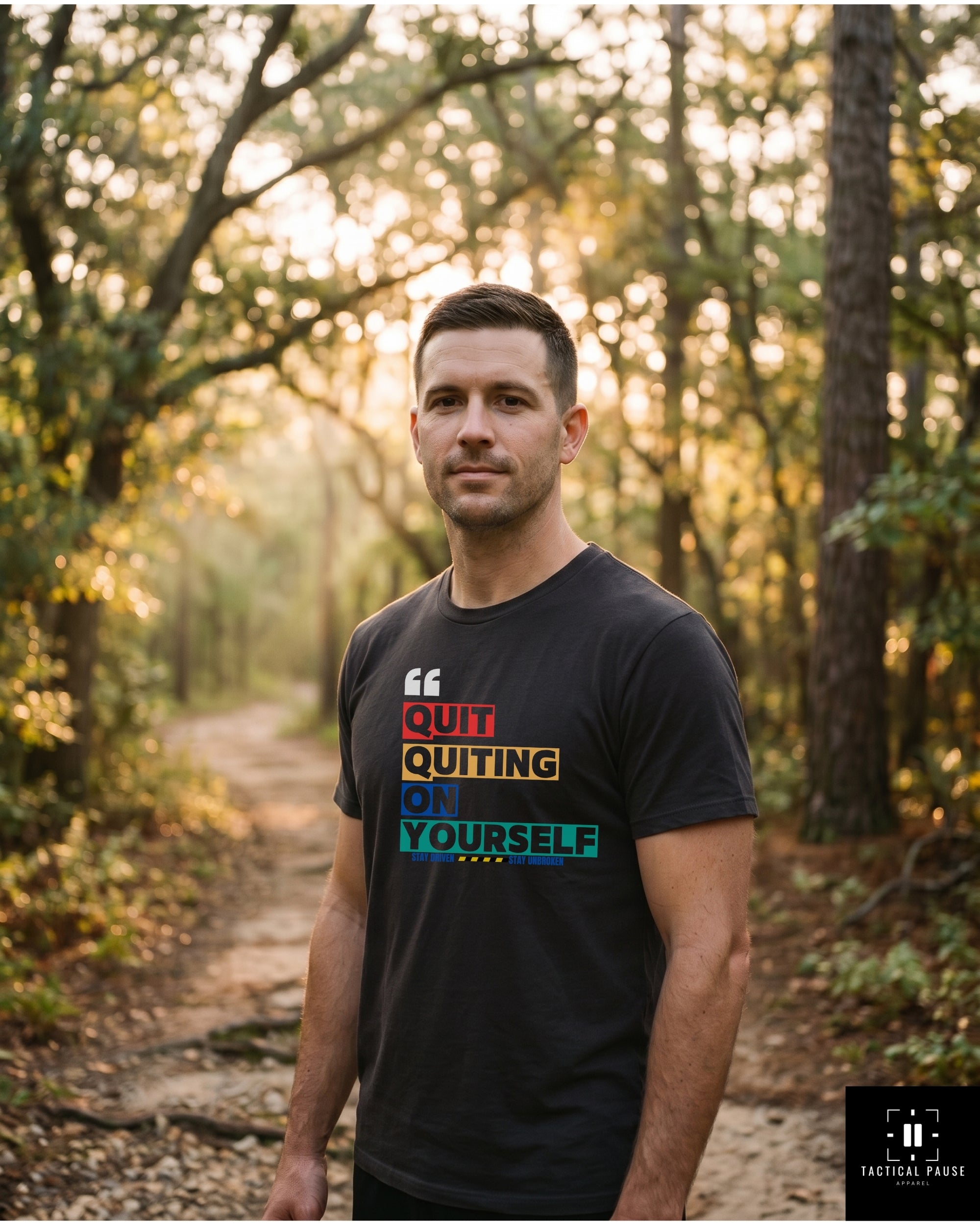 Veteran wearing Quit Quitting on Yourself graphic t-shirt, trail outdoors  setting — Tactical Pause Apparel