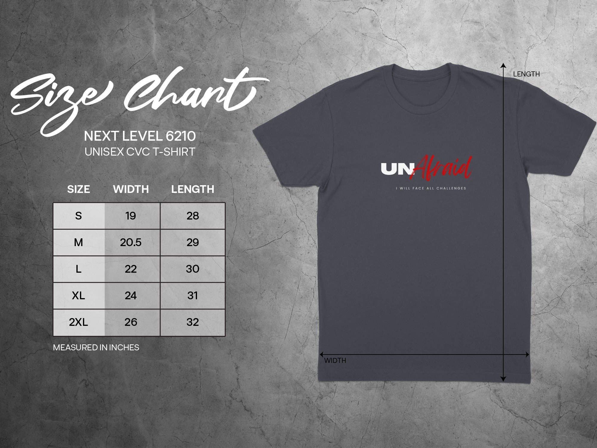 Unbranded unisex CVC t-shirt size chart with measurements for size, width, and length.