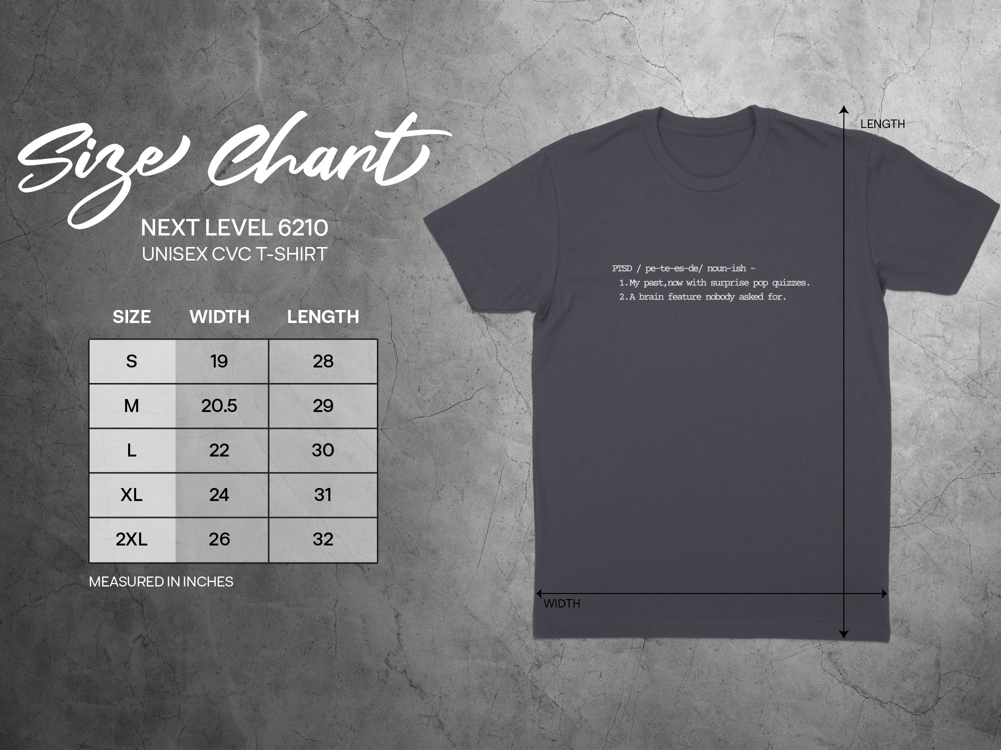 Next Level 6210 unisex t-shirt size chart with measurements and definition.