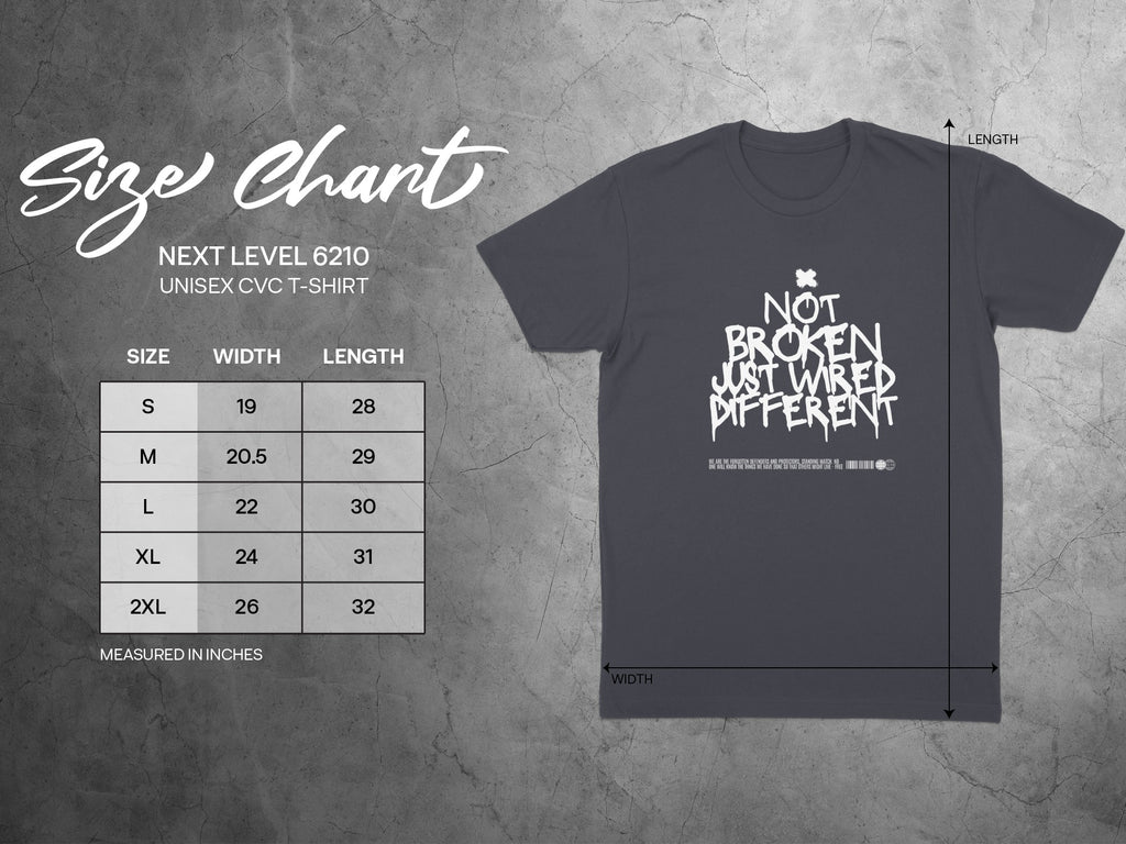 Size chart for Next Level 6210 unisex t-shirt with measurements.