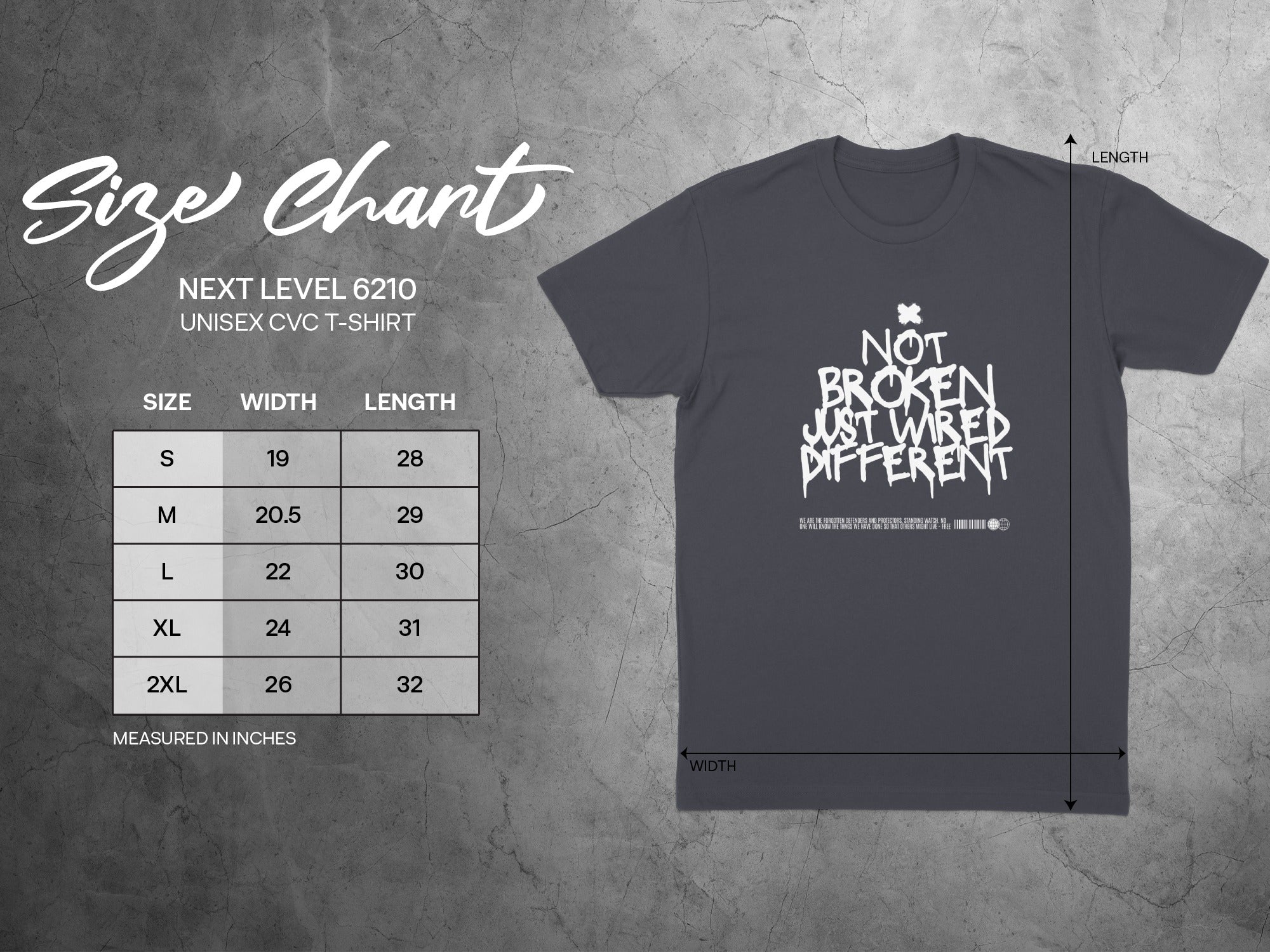 Size chart for Next Level 6210 unisex t-shirt with measurements.