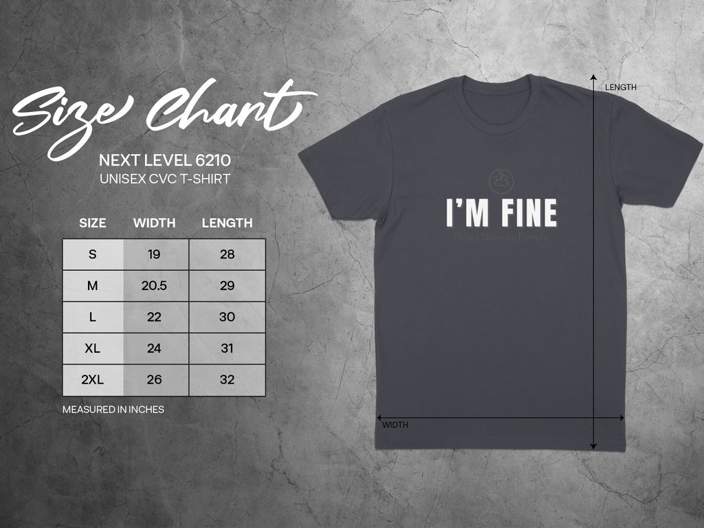 Size chart for unisex CVC t-shirt, showing sizes, widths, and lengths in inches.
