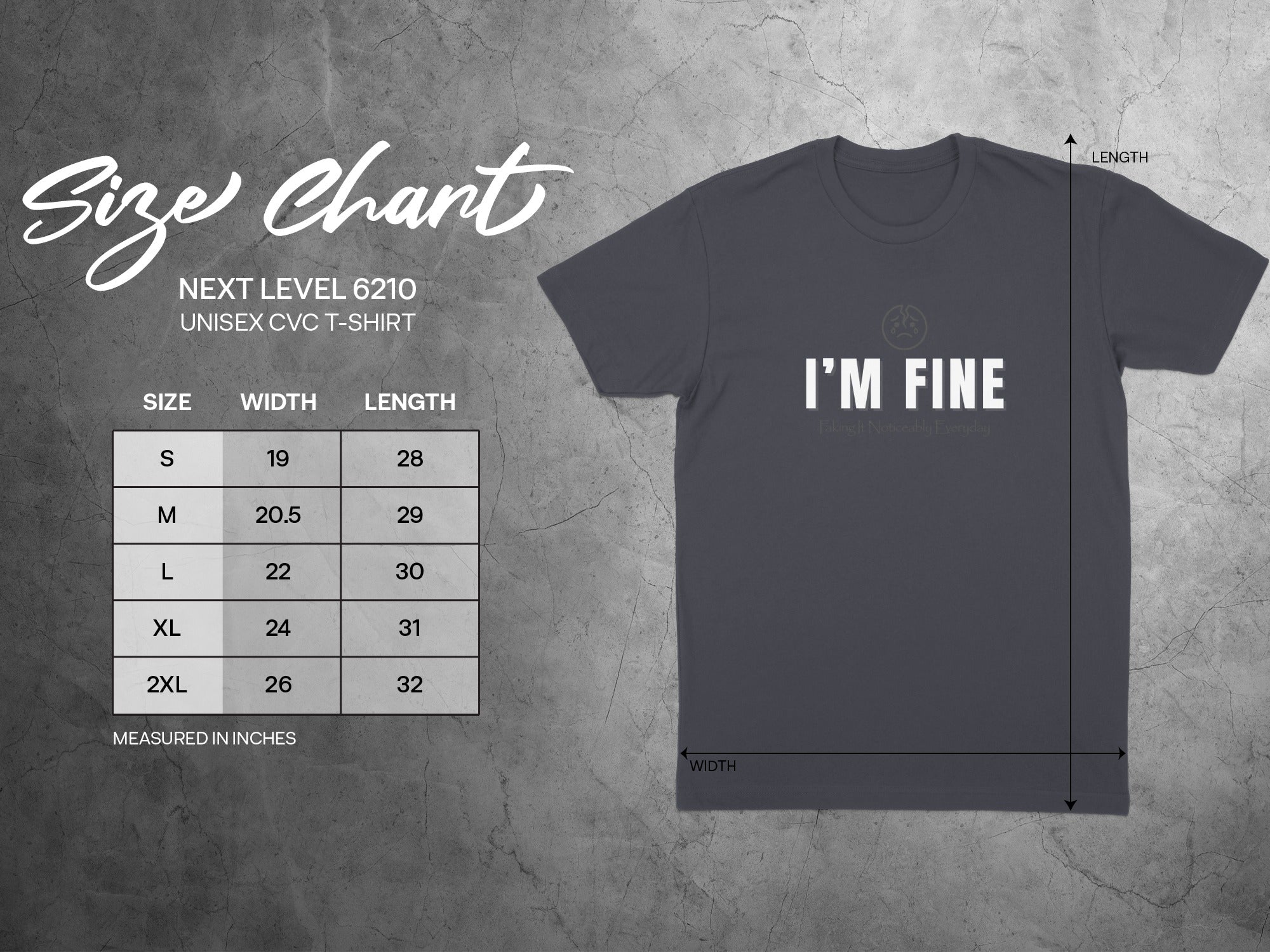 Size chart for unisex CVC t-shirt, showing sizes, widths, and lengths in inches.