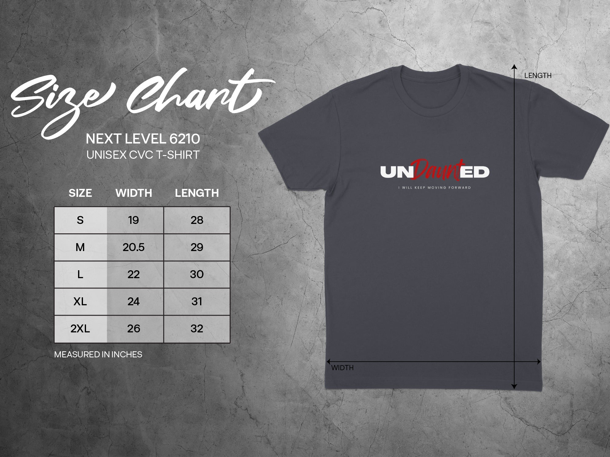 Unisex CVC t-shirt size chart with measurements in inches.