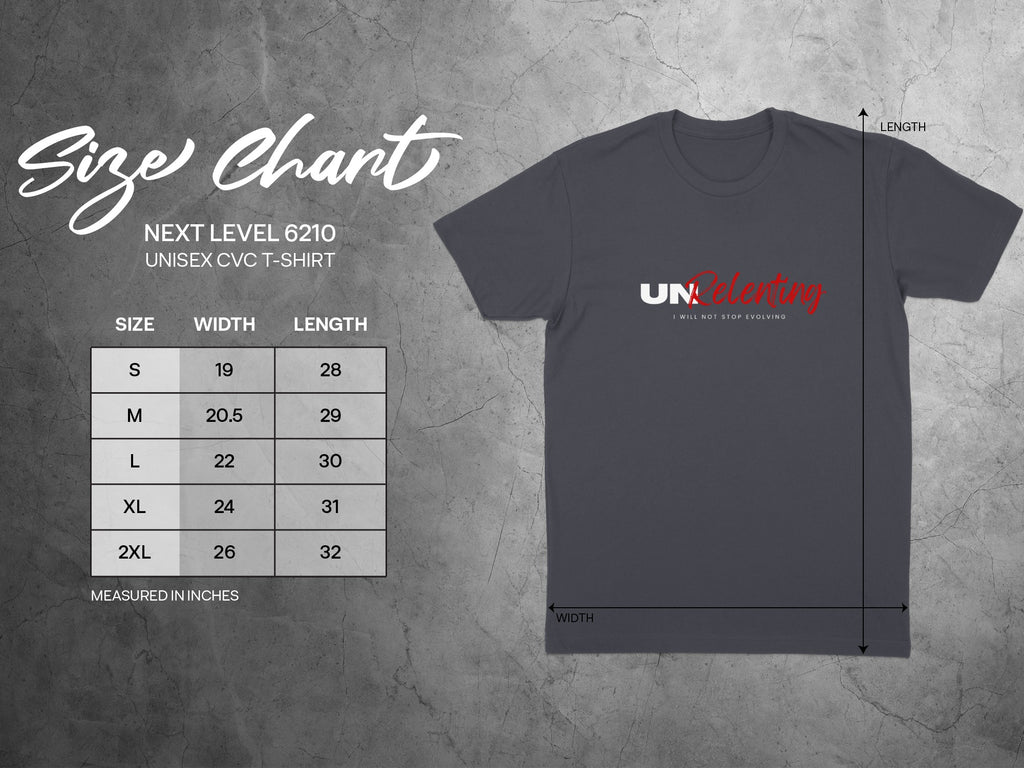 Size chart for unisex Next Level 6210 t-shirt with width and length measurements.