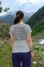 Young woman looking into a valley, wearing a heather gray shirt, elements of the grind. tactical pause apparel.