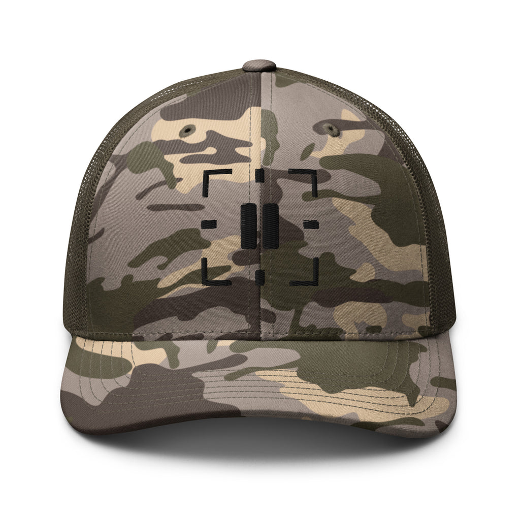 Embroidered TPA Camo Trucker Hat in Olive Camo, front view — Tactical Pause Apparel