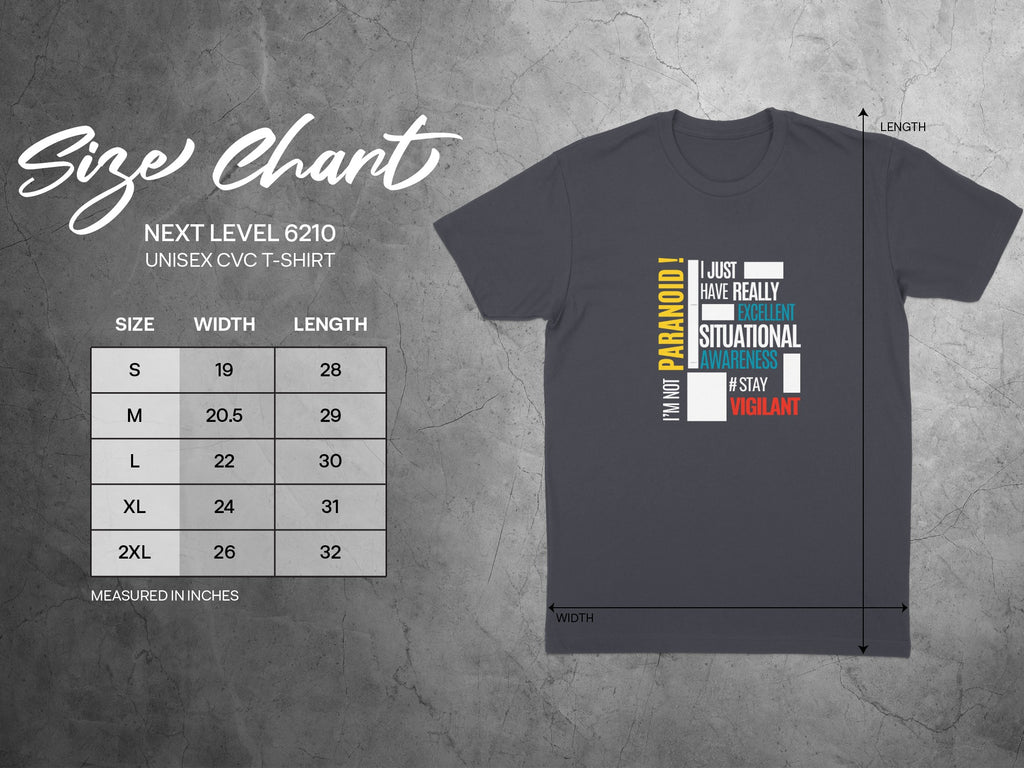Next Level 6210 unisex t-shirt size chart and graphic t-shirt.