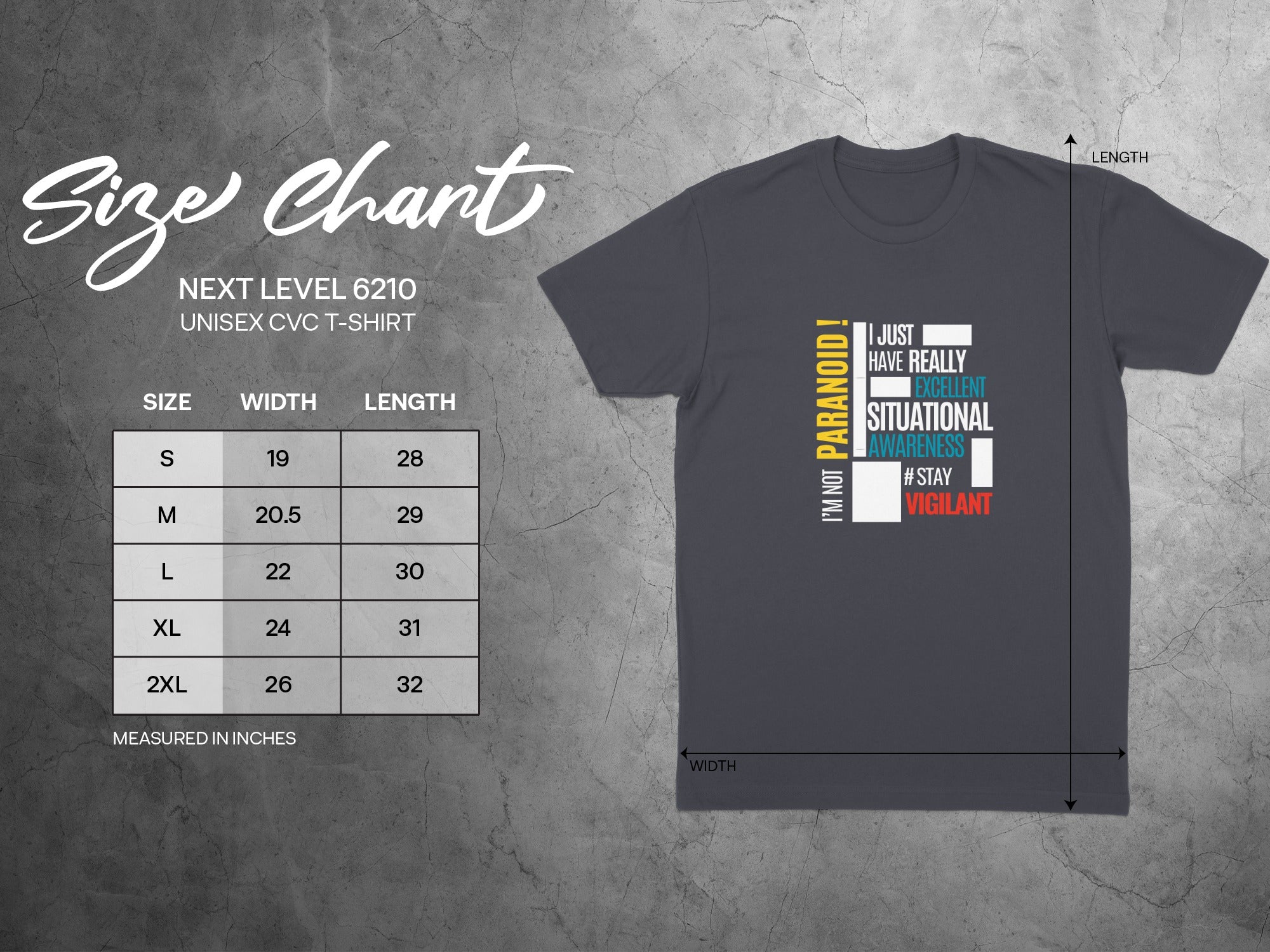 Next Level 6210 unisex t-shirt size chart and graphic t-shirt.