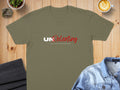 Olive t-shirt with red "UNrelenting" text and white subtitle.
