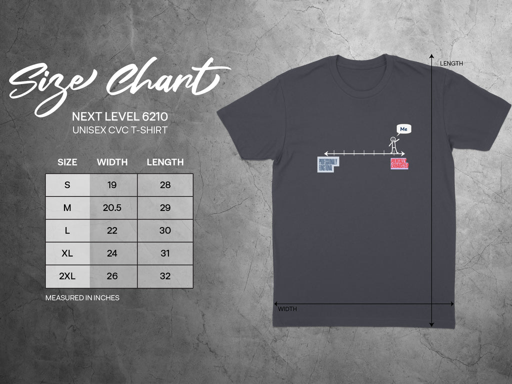 Next Level 6210 unisex t-shirt size chart with measurements.