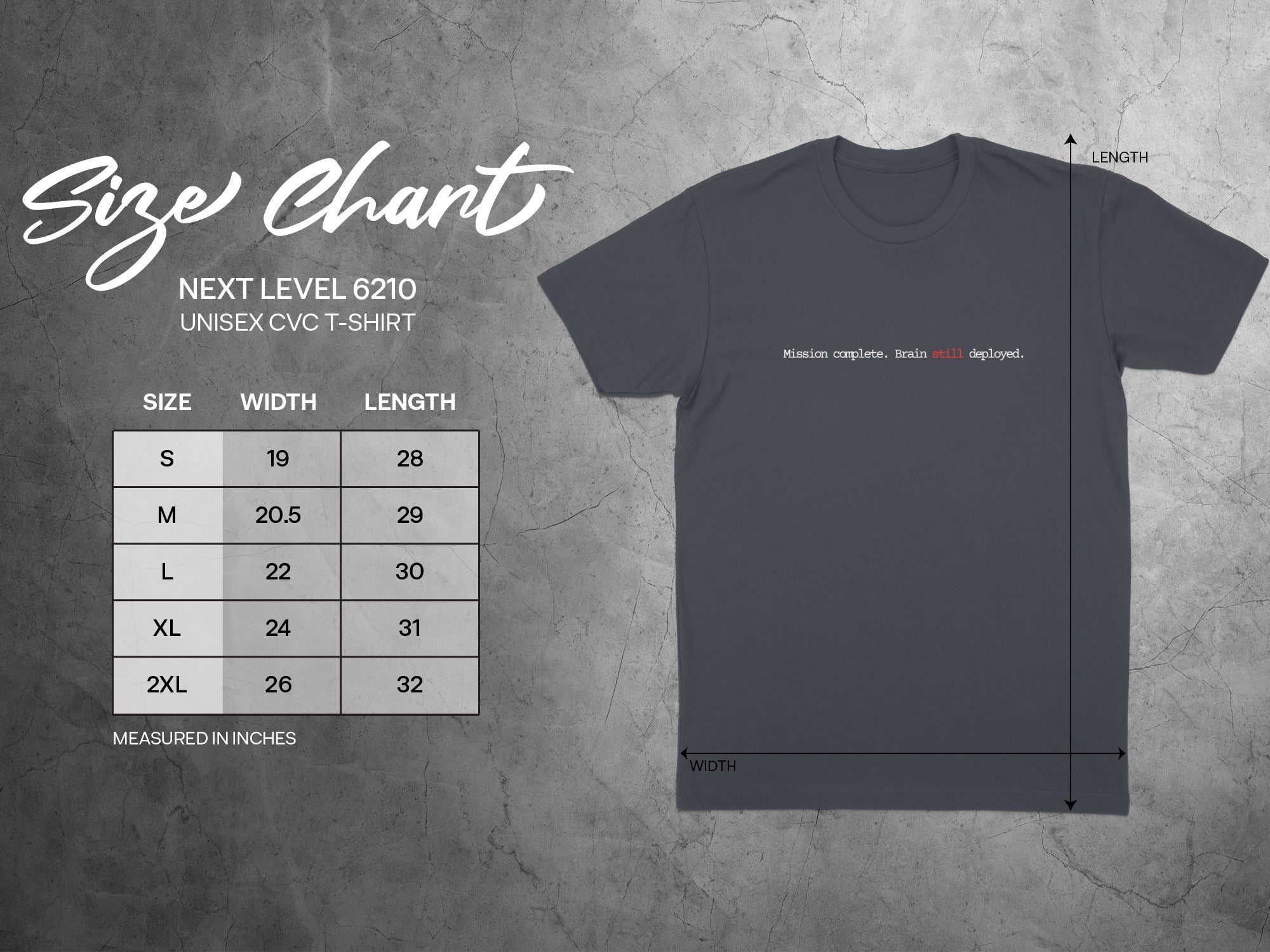 Next Level 6210 unisex t-shirt size chart with dimensions.