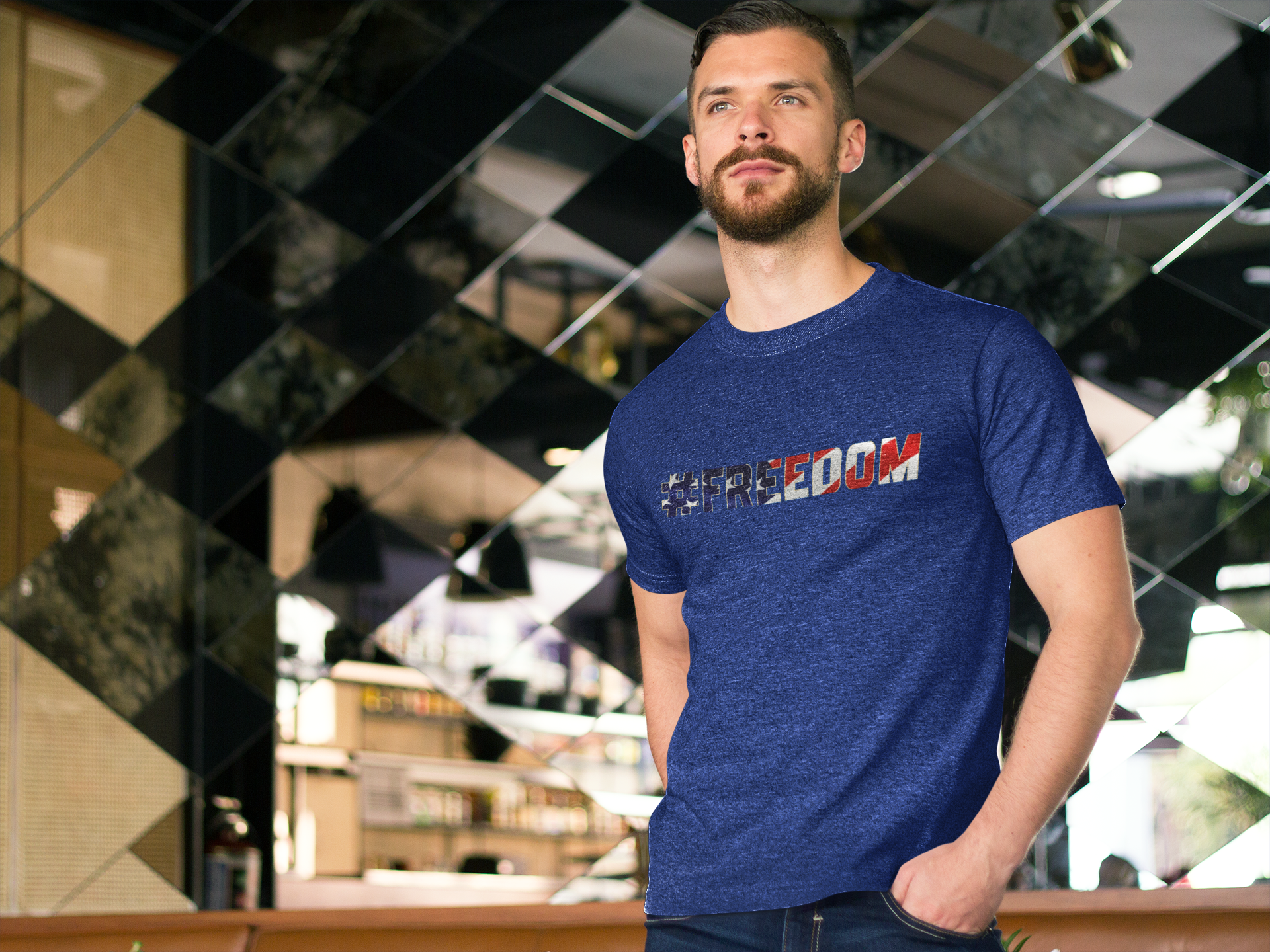 #FREEDOM graphic t-shirt front with American flag lettering on heather gray unisex CVC tee by Tactical Pause