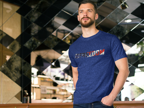 #FREEDOM graphic t-shirt front with American flag lettering on heather gray unisex CVC tee by Tactical Pause