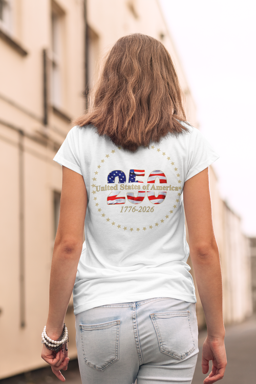 USA 250 United States of America anniversary back graphic with star circle design on heather gray tee by Tactical Pause