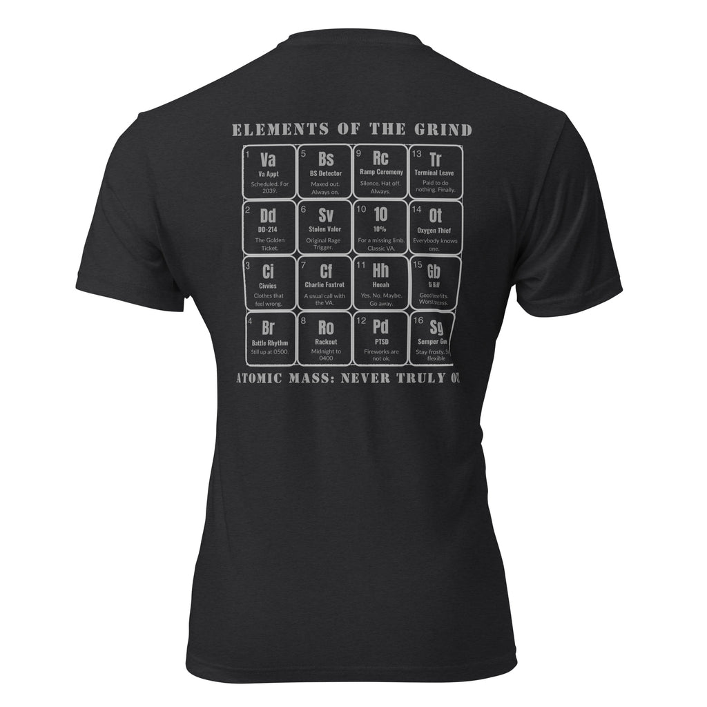 Black t-shirt with a periodic table of the grind for veteran logo on the back against a white background