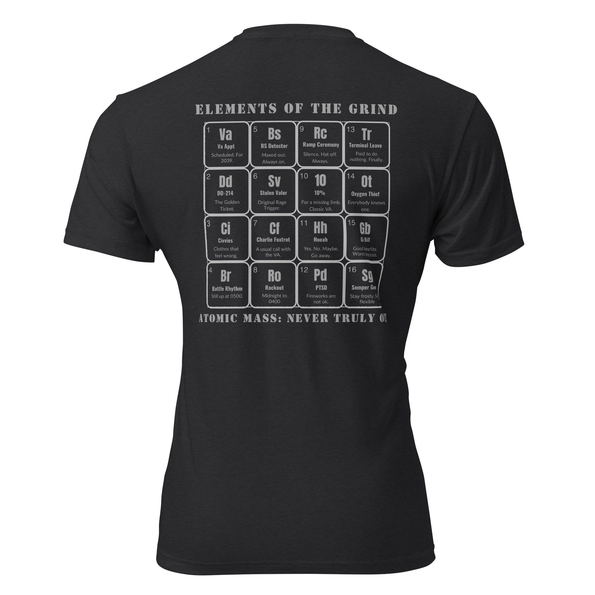 Black t-shirt with a periodic table of the grind for veteran logo on the back against a white background