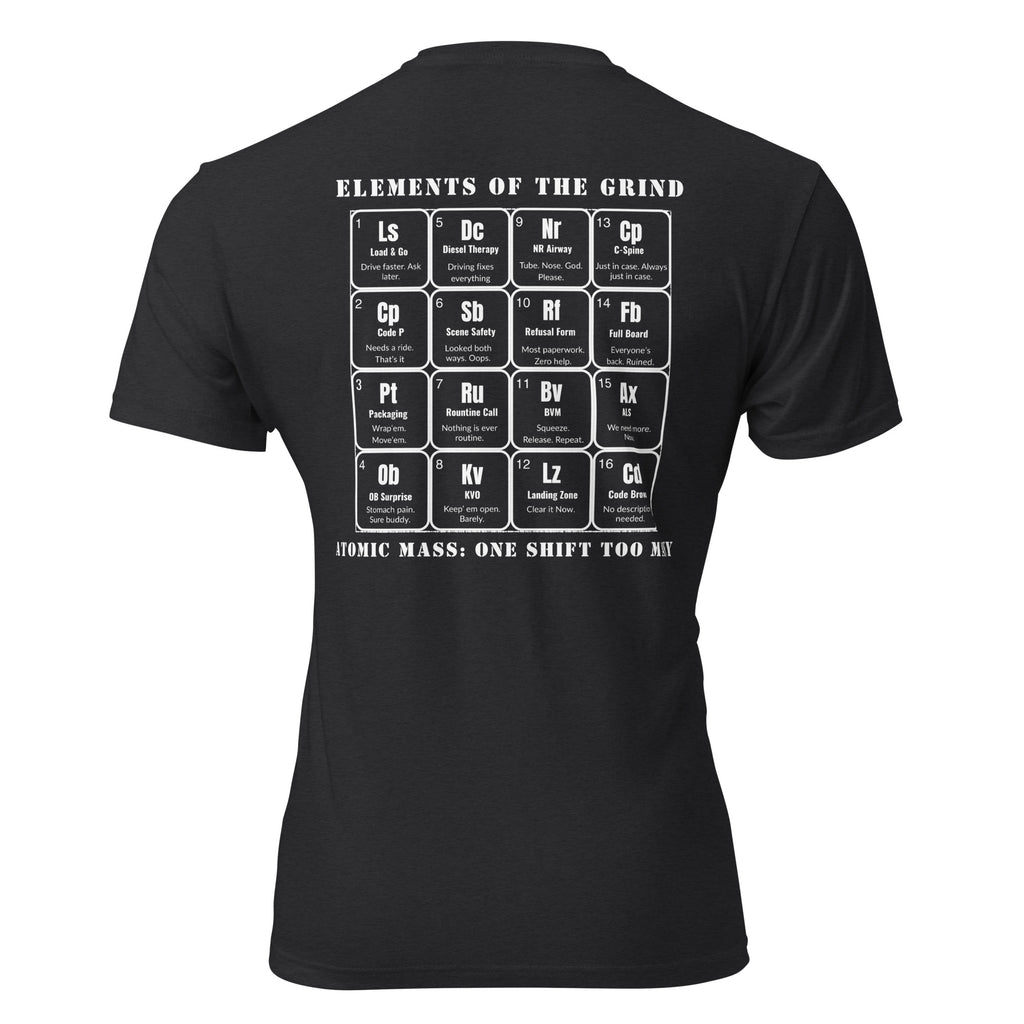 Black shirt with periodic elements of the grind on the back EMT edition. Tactical Pause Apparel