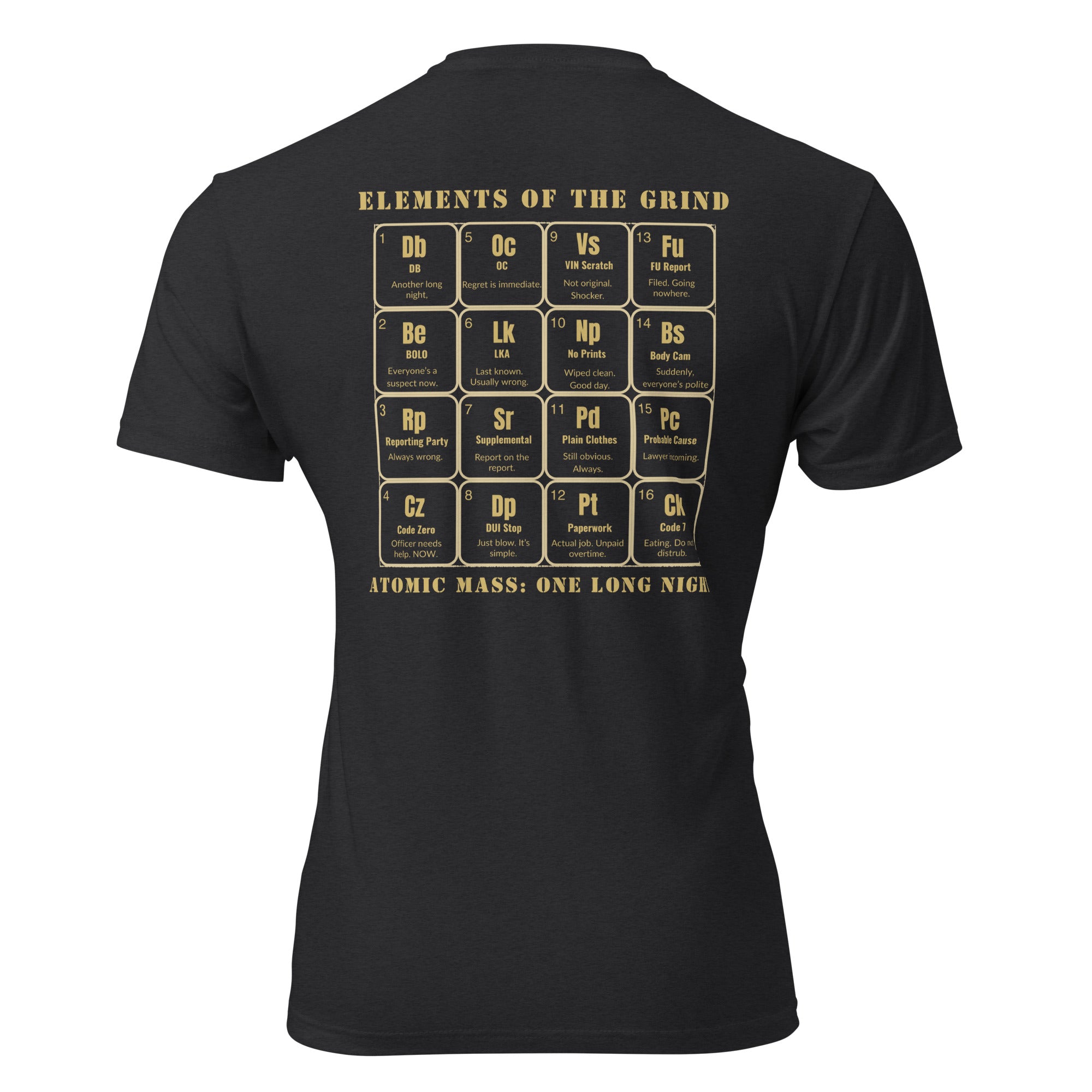 Black shirt with periodic elements of the grind on the back LEO edition. Tactical Pause Apparel