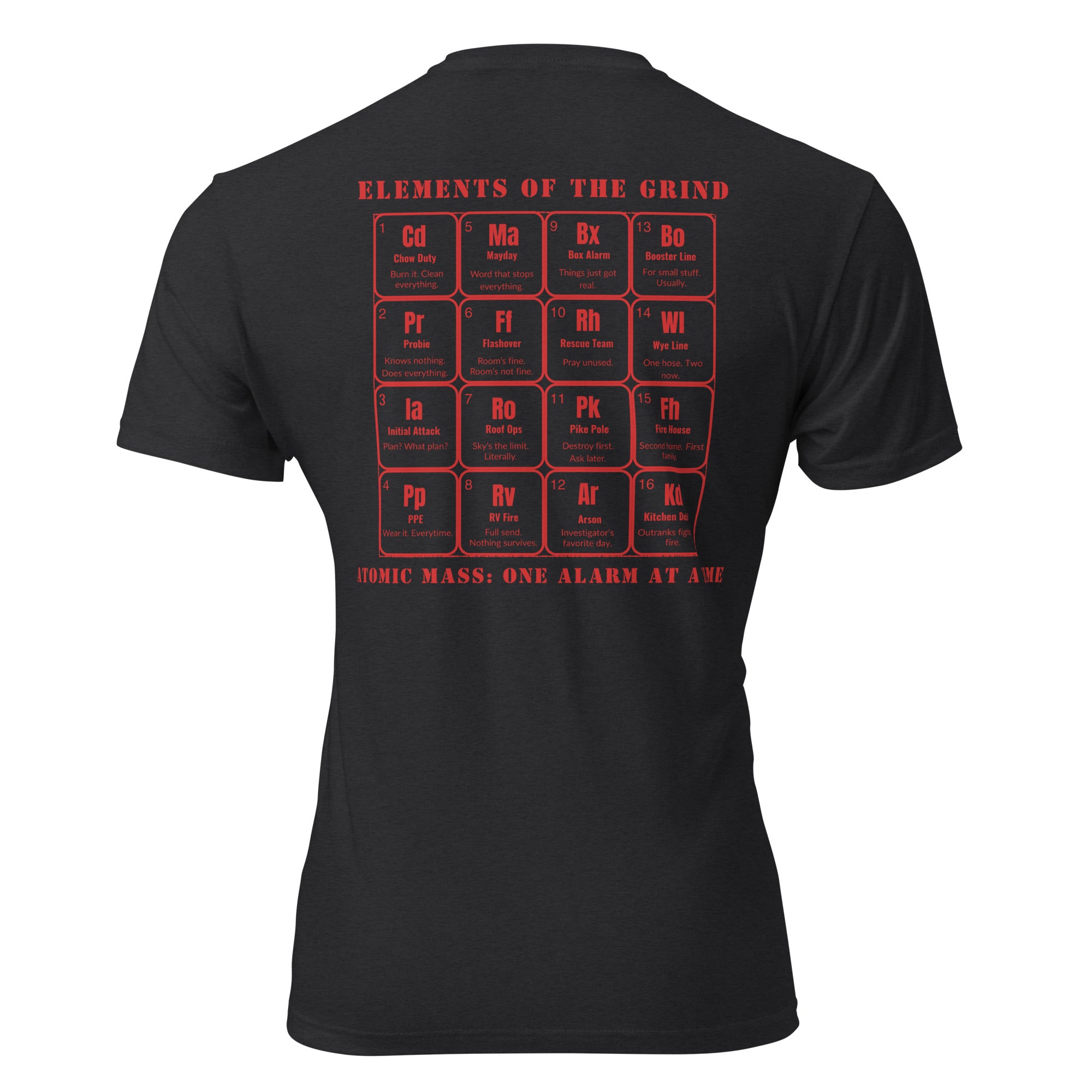 Black t-shirt with red periodic table , fire edition design on the back, on a white background. Tactical Pause Apparel