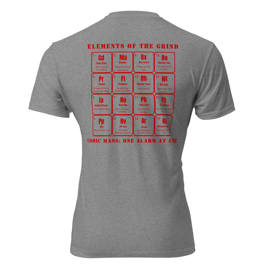 Gray t-shirt with red periodic table design on the back against a white background. Tactical Pause Apparel