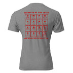 Gray t-shirt with red periodic table design on the back against a white background. Tactical Pause Apparel