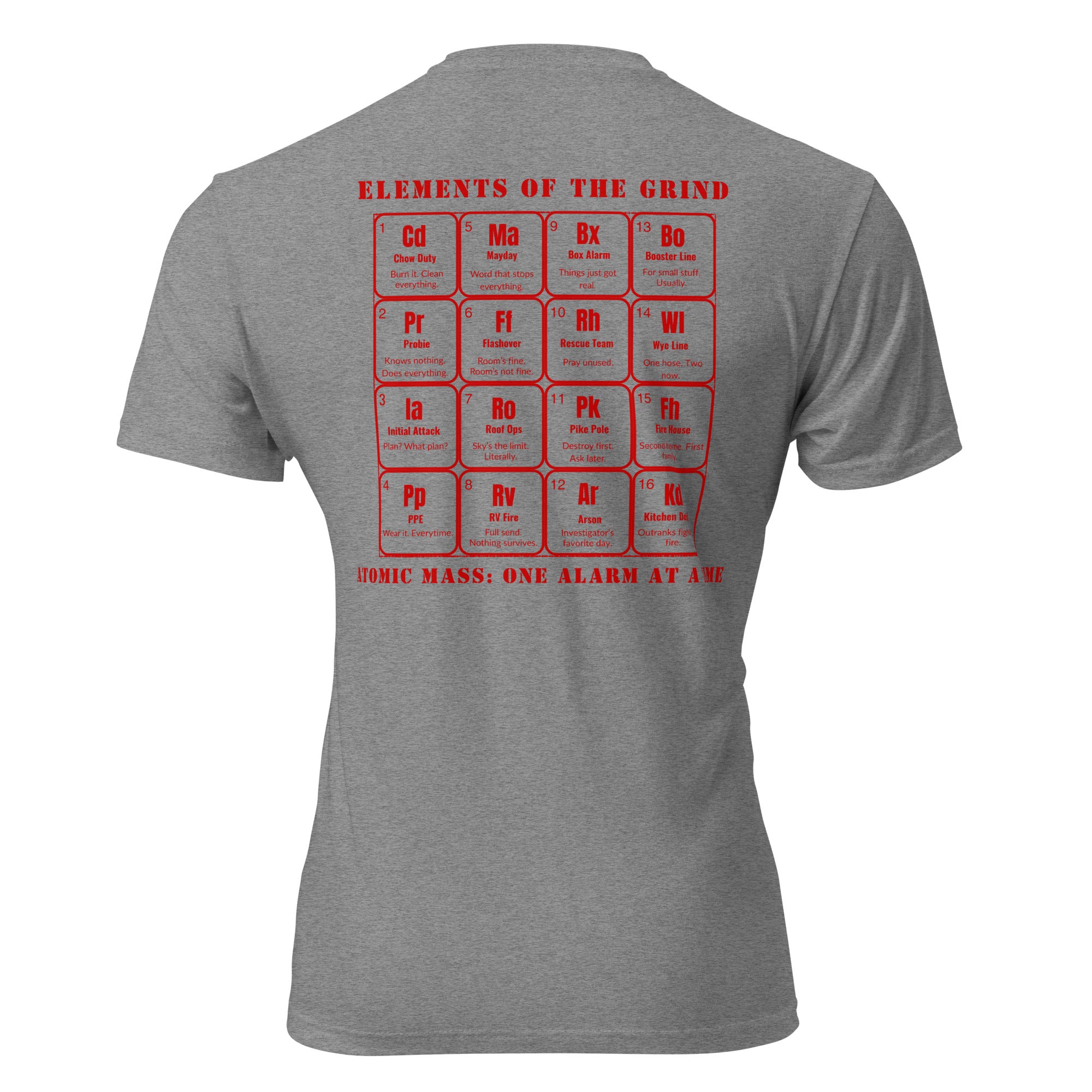 Gray t-shirt with red periodic table design on the back against a white background. Tactical Pause Apparel