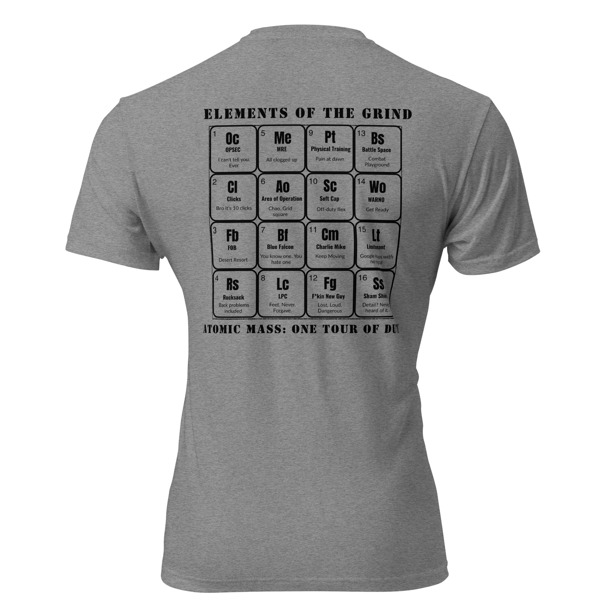 Gray shirt with periodic elements of the grind on the back military edition. Tactical Pause Apparel