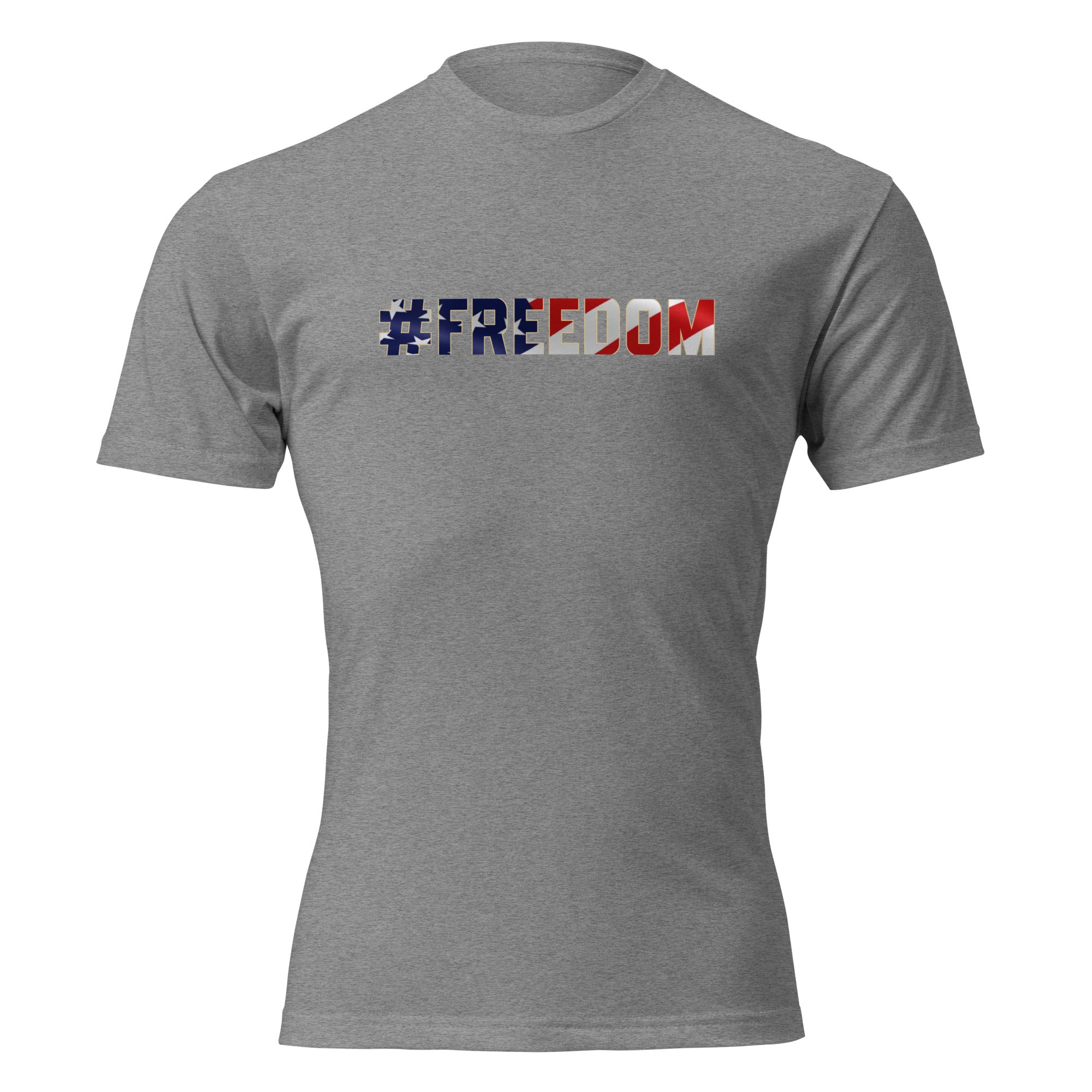 #FREEDOM graphic t-shirt front with American flag lettering on heather gray unisex CVC tee by Tactical Pause