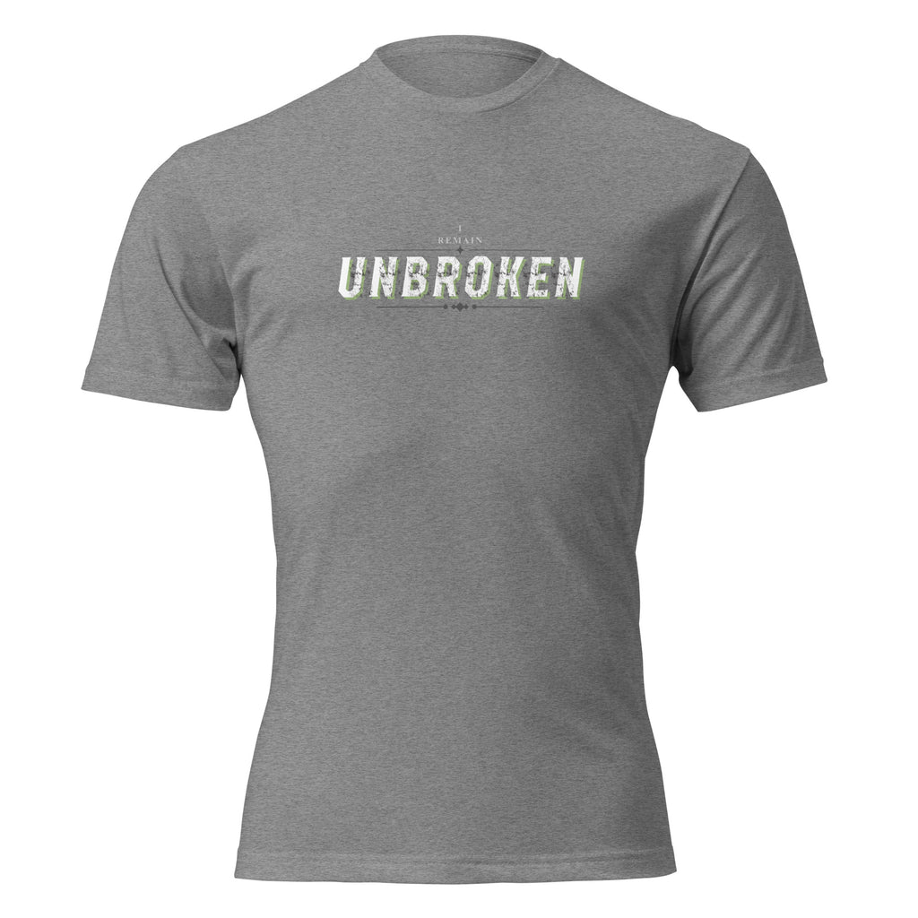 "I Remain Unbroken" graphic tee in Dark Heather Gray, front view — Tactical Pause Apparel