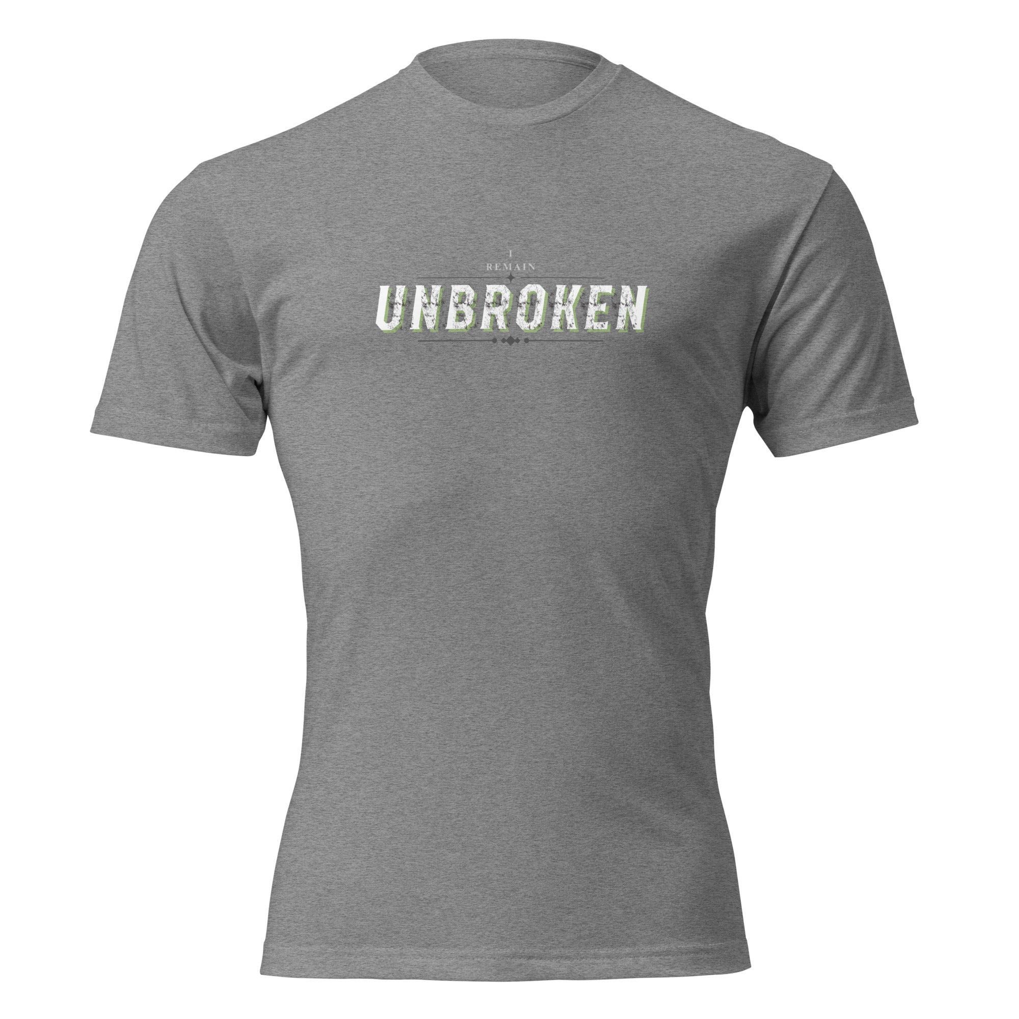 "I Remain Unbroken" graphic tee in Dark Heather Gray, front view — Tactical Pause Apparel